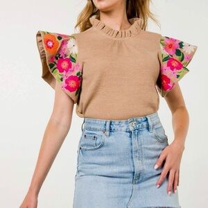THML Tan Blouse with Floral Ruffle Sleeves